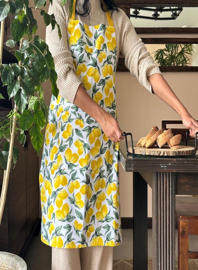 Oak & Lily 100% Cotton Apron for Kitchen | Premium European Quality, Fully Washable with Large Front Pocket, Made for Indian Sizes | Kitchen Apron for Men & Women (Yellow Floral) - Image 1